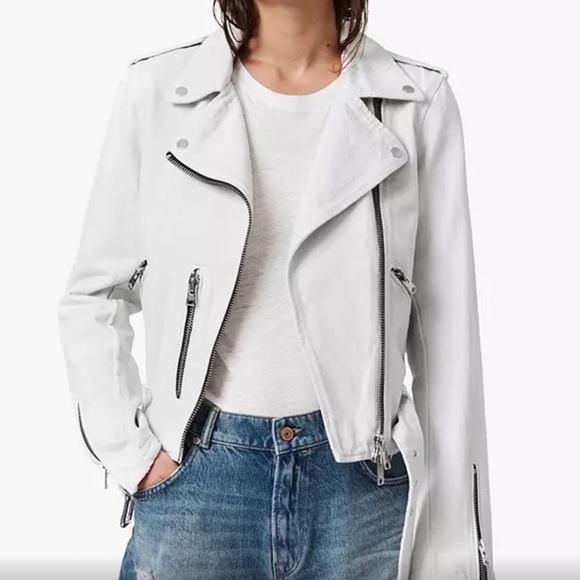 ALL SAINTS Dessa Balfern White Denim Biker Jacket SIZE 6 - Picture 1 of 9